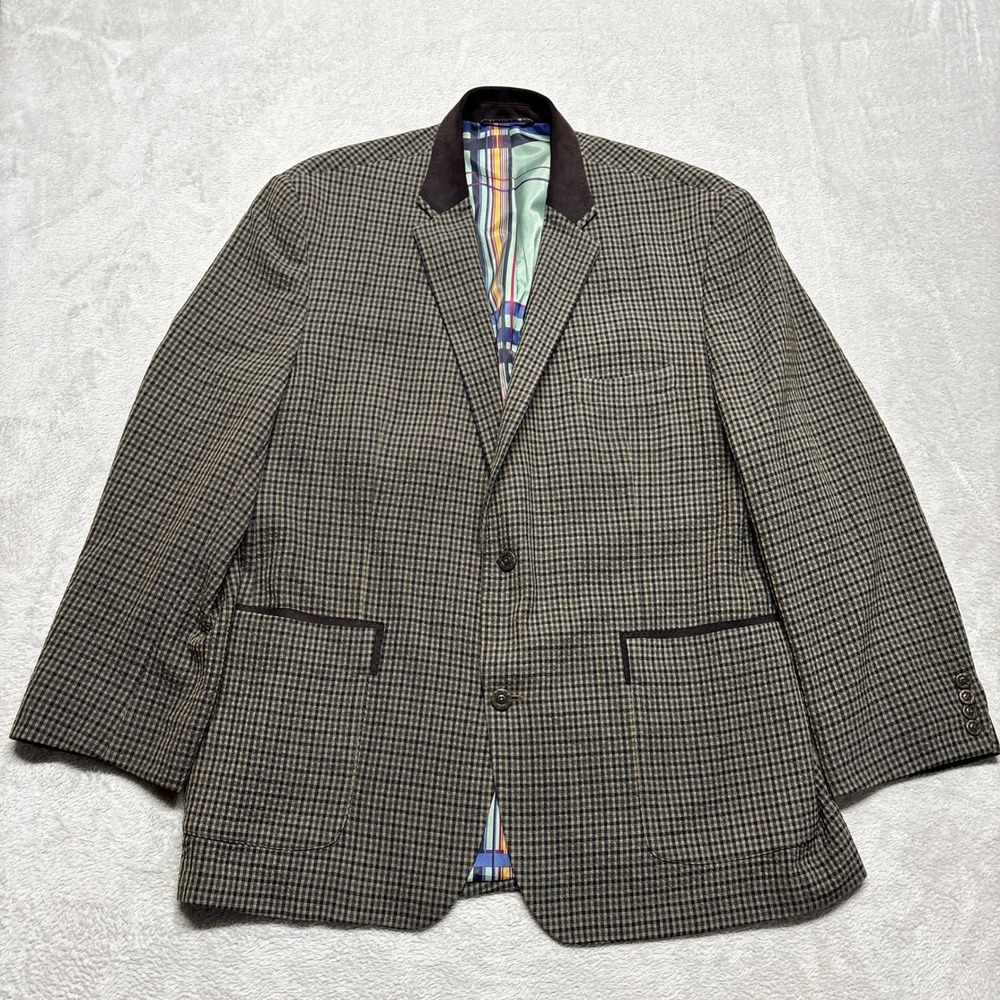 Robert Graham Blazer Mens 46 Wool Blend Micro Check Brown Blue EUC